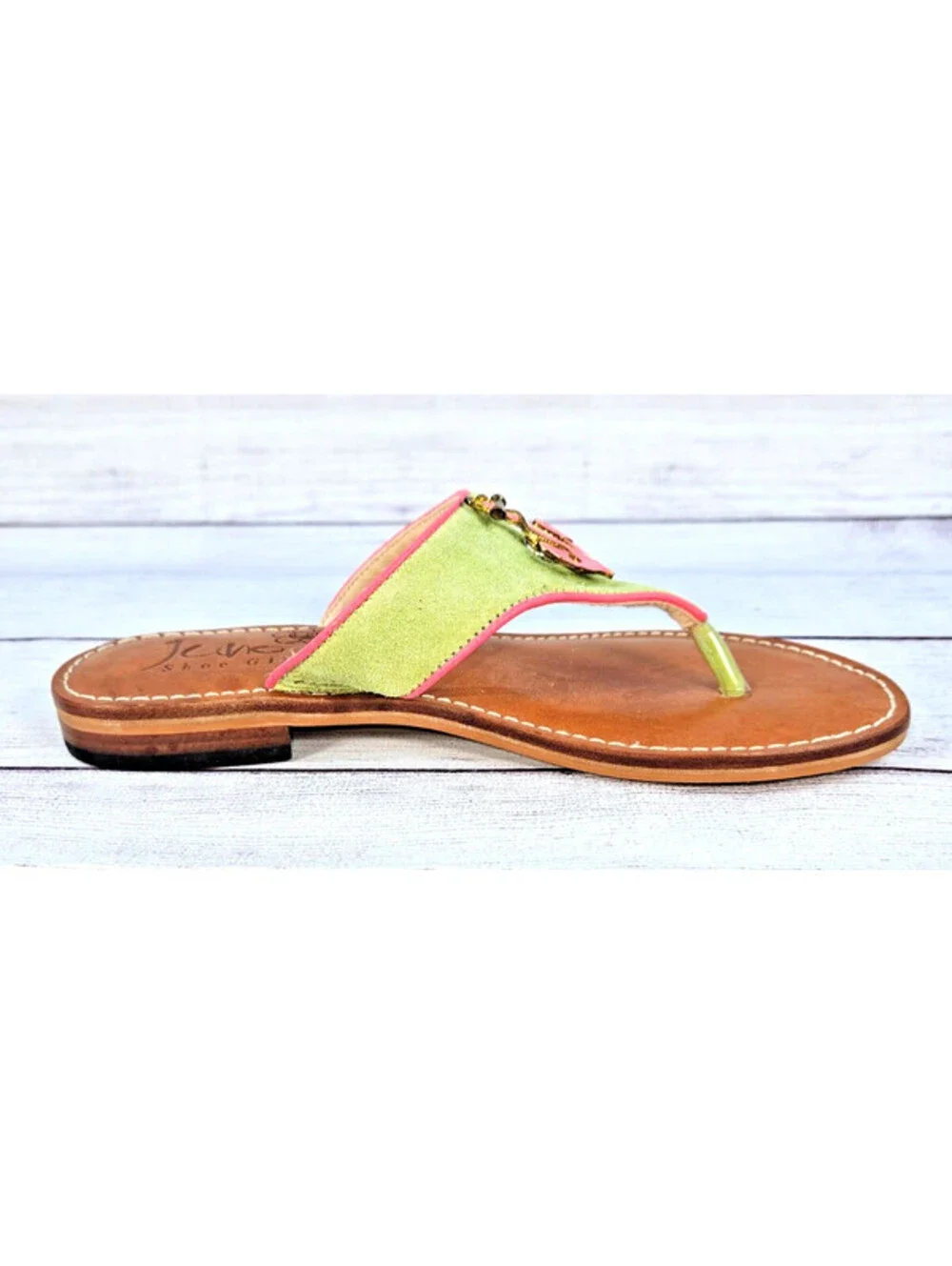 Juno Shoe Girl thong Anchor Sandals with pink anchor on green suede strap size 6